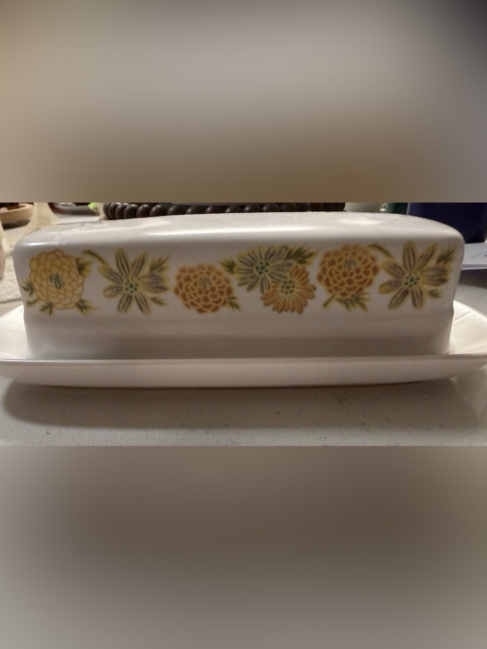 Noritake White Porcelain Butter Dish with Yellow and Green Floral Band